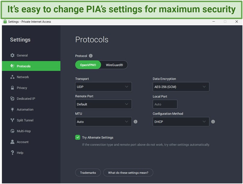 Screenshot of PIA's app with its Protocols settings open.