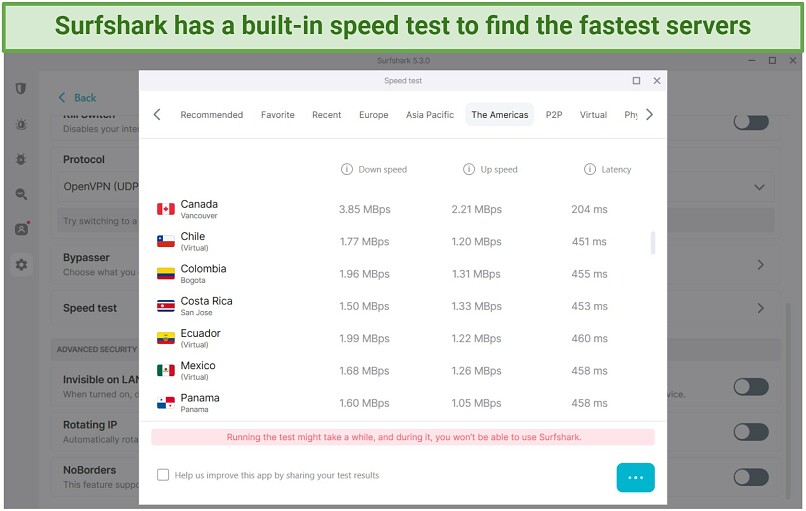 Screenshot of Surfshark's in-app speed test results for countries near Costa Rica.