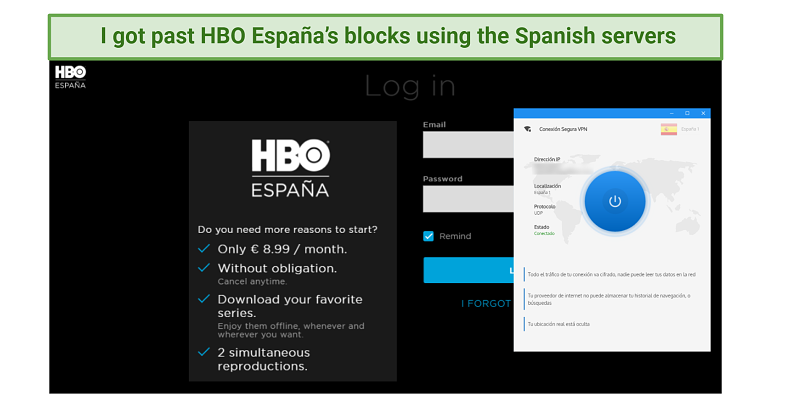 screenshot showing Spanish servers granting access to HBO España