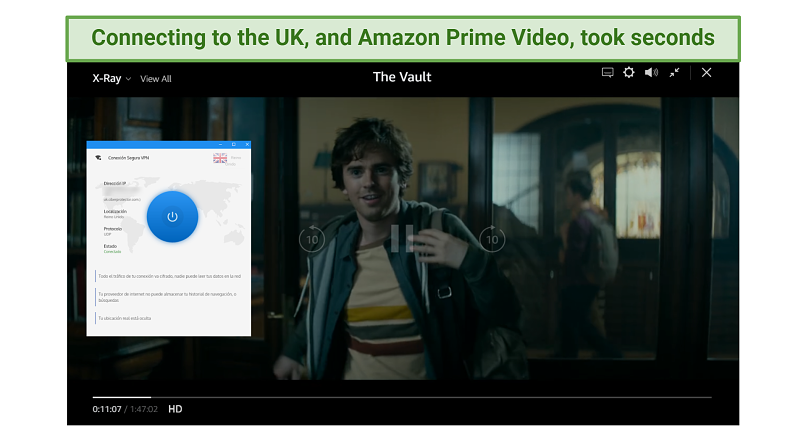 screenshot showing The Vault playing on Amazon Prime Video while connected to CiberProtector's UK servers