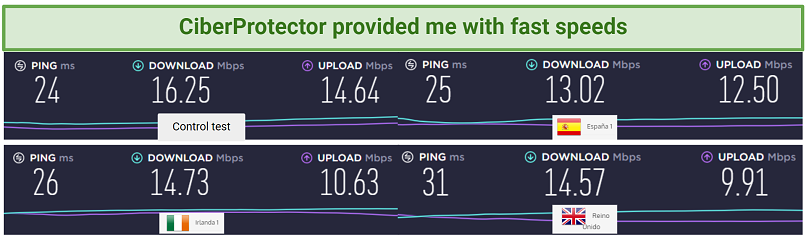 Screenshot showing Spanish, Irish, and UK servers compared to my current speeds.