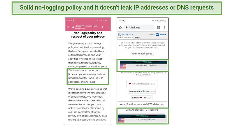 A screenshot of the Privacy Policy for ClearVPN and the results of an IP/DNS leak test performed on the service.