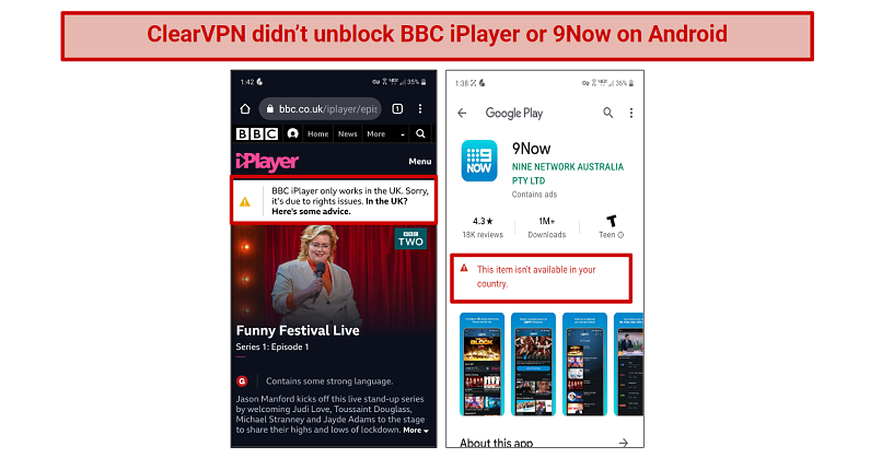 A screenshot of two services ClearVPN was unable to unblock.