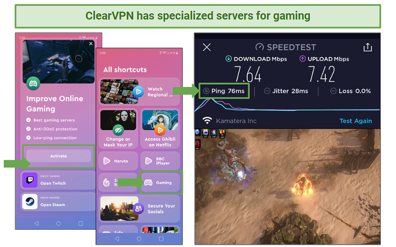 A screenshot of ClearVPN's interface including gaming shortcuts as well as a speed test screenshot showing Ping.