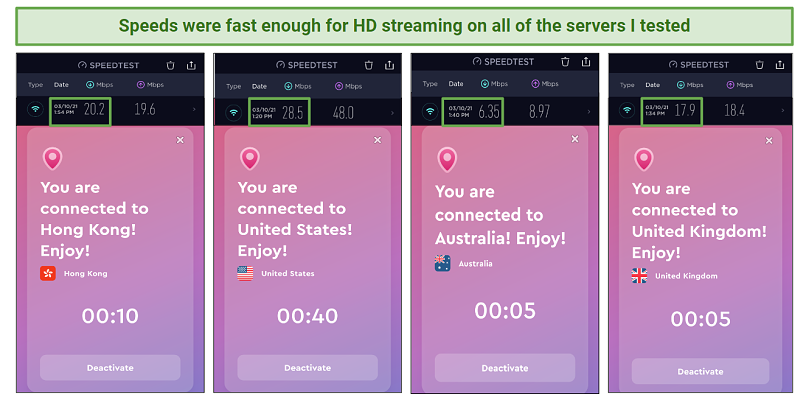 A screenshot of the connections and speed test results for those server connection on ClearVPN.