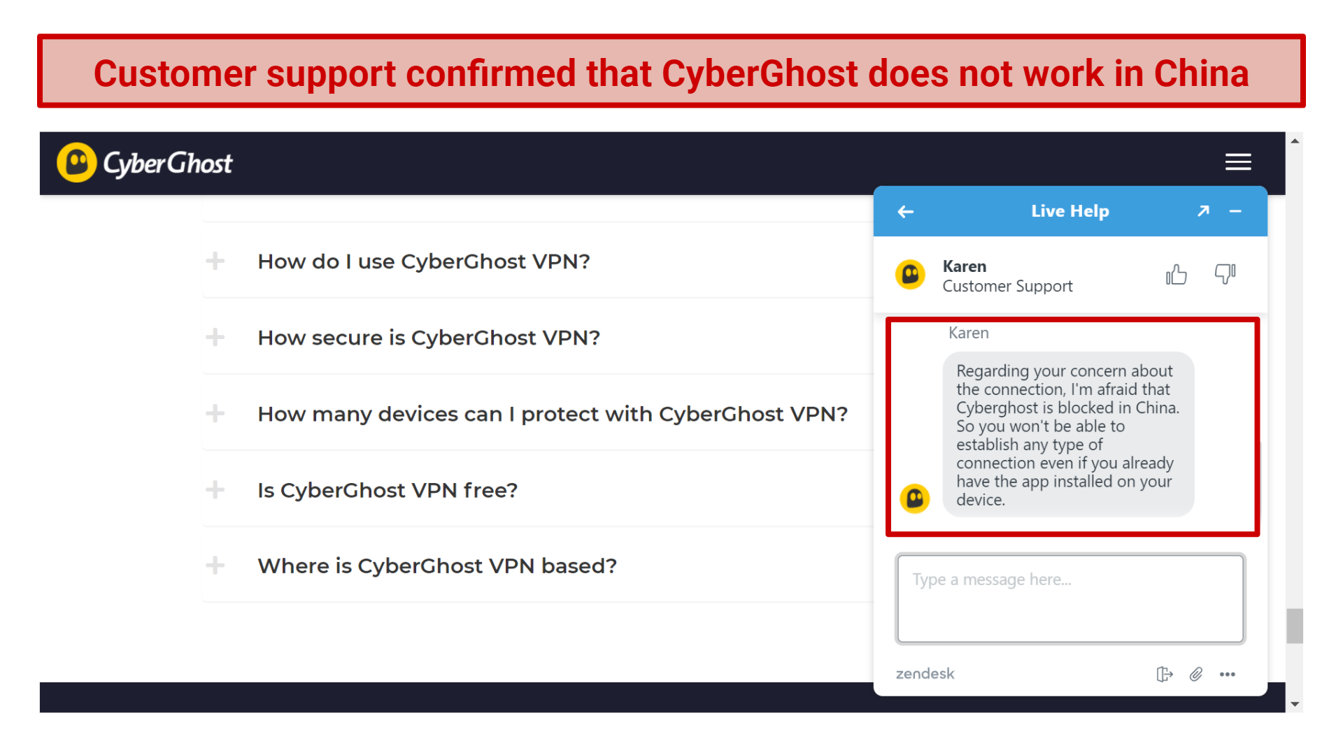 A screenshot of the live chat support window where a CyberGhost staff member confirms that CyberGhost doesn't work in China.