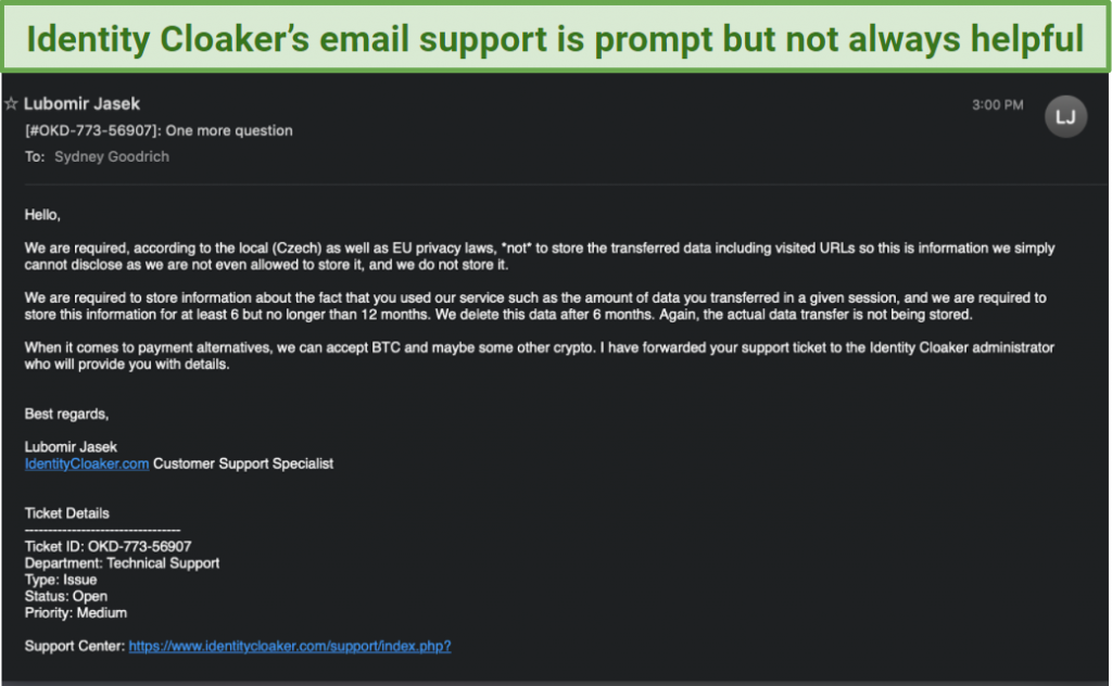 A screenshot of a customer support email from Identity Cloaker.