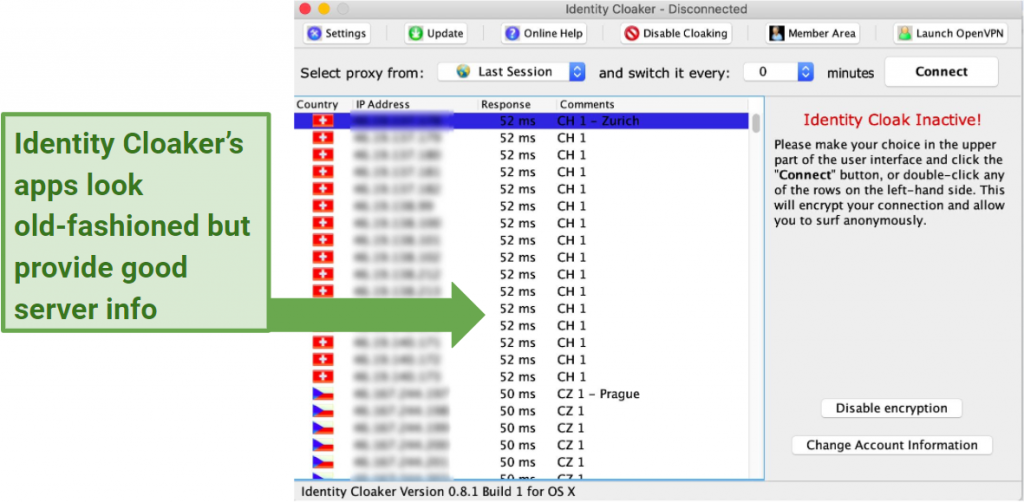 A screenshot of Identity Cloaker's app, showing its comprehensive server list.