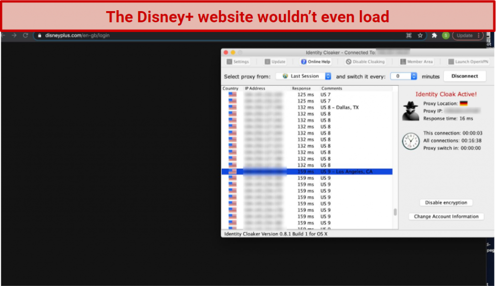 A screenshot of Identity Cloaker's app over the Disney+ website, showing that the VPN can't unblock the streaming service