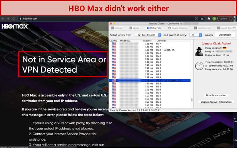 A screenshot of Identity Cloaker VPN overlaid on HBO Max's website. The website shows HBO's 