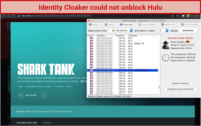  screenshot showing that Identity Cloaker can't unblock Hulu.