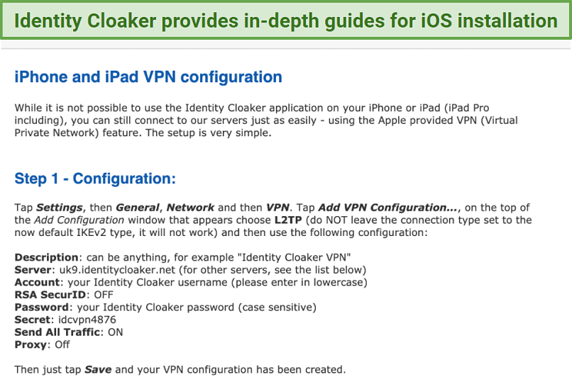 A screenshot of Identity Cloaker's in-depth installation guide for iOS devices.