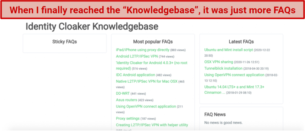 Two screenshots of the multiple redirect links you have to follow to reach Identity Cloaker's Knowledgebase.