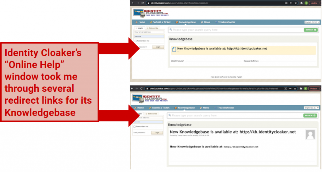 Two screenshots of the multiple redirect links you have to follow to reach Identity Cloaker's Knowledgebase.