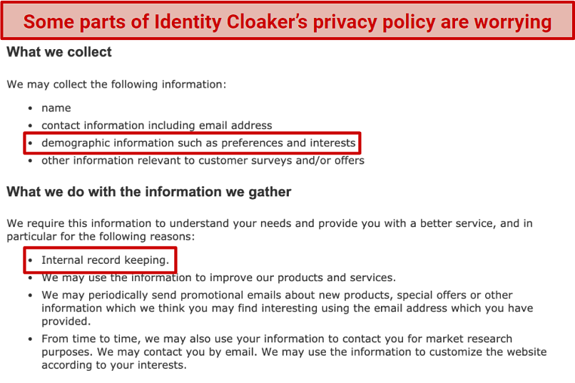 A screenshot of Identity Cloaker's privacy policy, with some worrying terms highlighted.