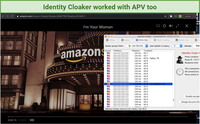 A screenshot of Identity Cloaker unblocking Amazon Prime Video, with I'm Your Woman playing in the background.