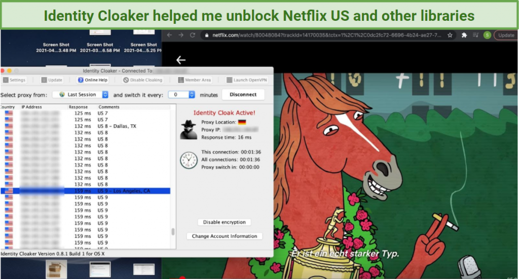 A screenshot showing an Identity Cloaker US server unblocking Netflix US, with Bojack Horseman playing in the background.