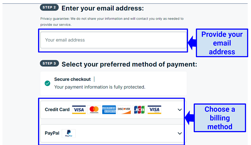 A screenshot of ExpressVPN supported billing methods