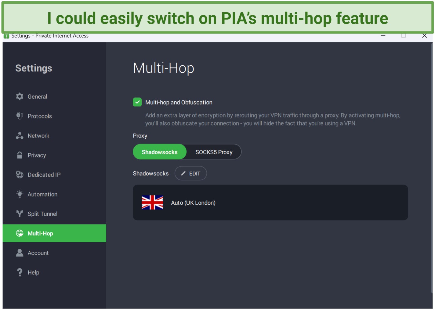 A screenshot of PIA's dashboard showing how to activate Multi-Hop