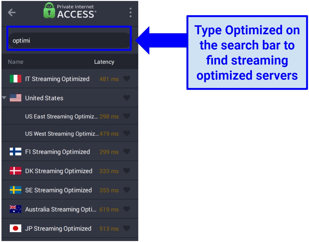 A snapshot showing PIA's streaming optimized servers