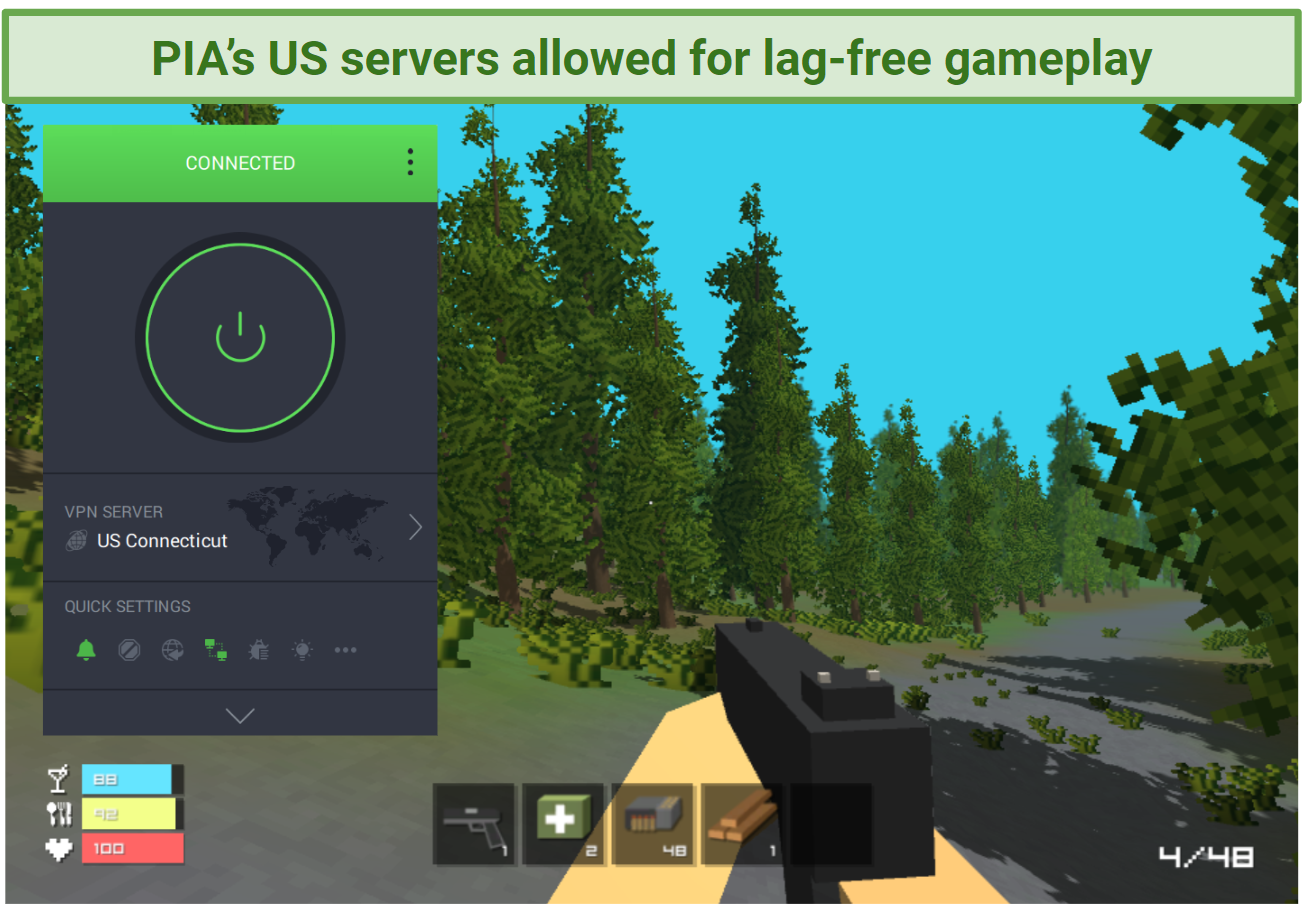 Screenshot of gaming with one of PIA's US server