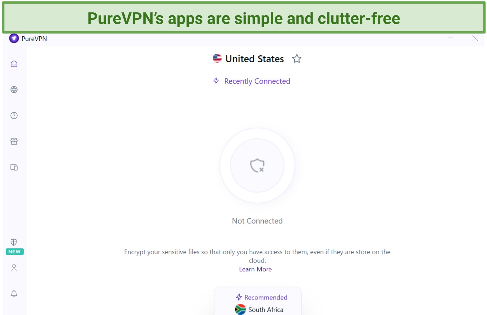 A snapshot showing PureVPN's clutter-free user interface
