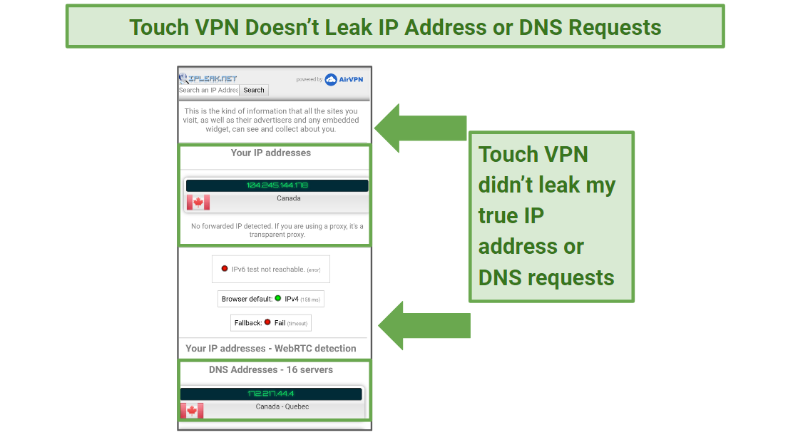 A screenshot of the IP/DNS leak test performed on a Canadian server for Touch VPN.