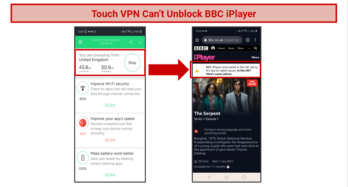 A screenshot of a UK connected server and an attempt to access BBC iPlayer.