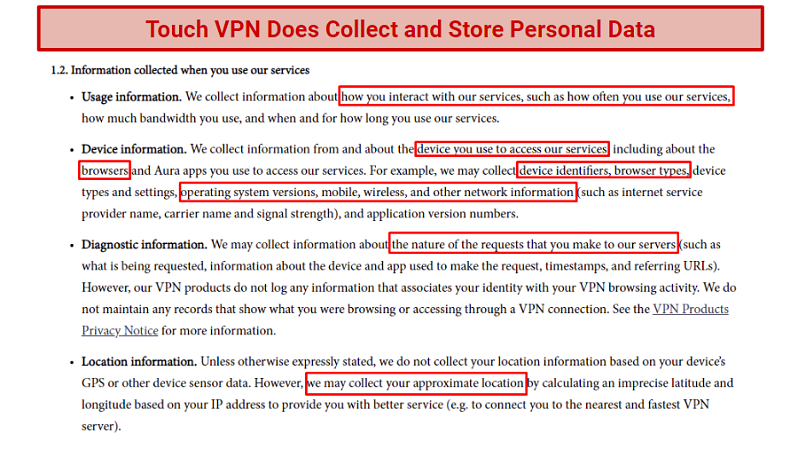 A screenshot of a snippet of Touch VPNs privacy policy.
