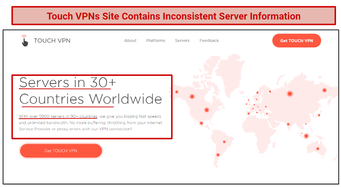 A screenshot of Touch VPNs website, that displays inconsistencies in its server count.