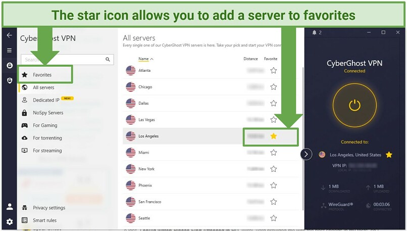 Screenshot of the CyberGhost interface showing how to add a server to favorites