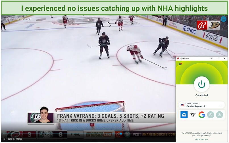 Screenshot showing NHL highlights playing on Bally Sports with ExpressVPN connected to a Los Angeles server.