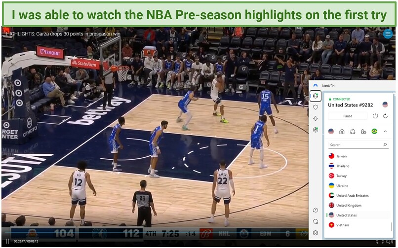 Screenshot showing NBA pre-season highlights playing on Bally Sports with NordVPN connected to Los Angeles server