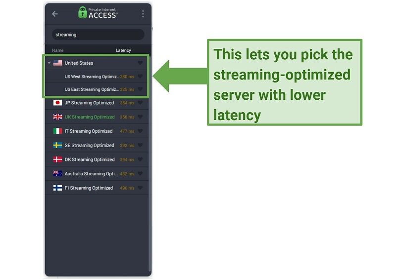 Screenshot showing PIA's streaming optimized servers in the US