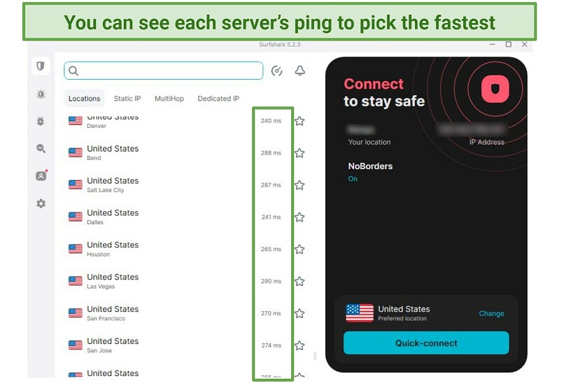 Screenshot of the Surfshark interface showing different servers' ping speeds