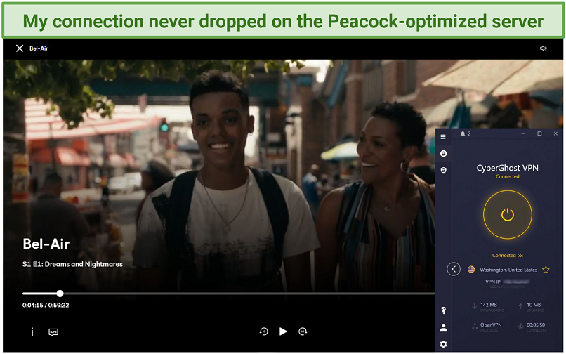 Screenshot of Bel Air playing on Peacock TV with CyberGhost's Peacock-optimized server connected