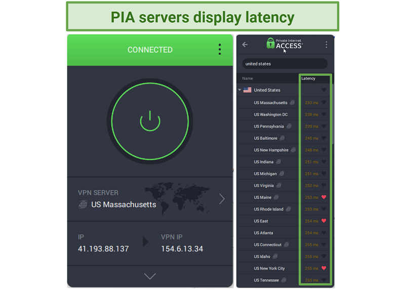 Screenshot of PIA's interface showing US servers and their latency.