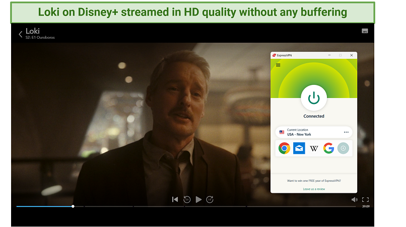 Screenshot of streaming Loki on Disney+ while connected to ExpressVPN's US New York server