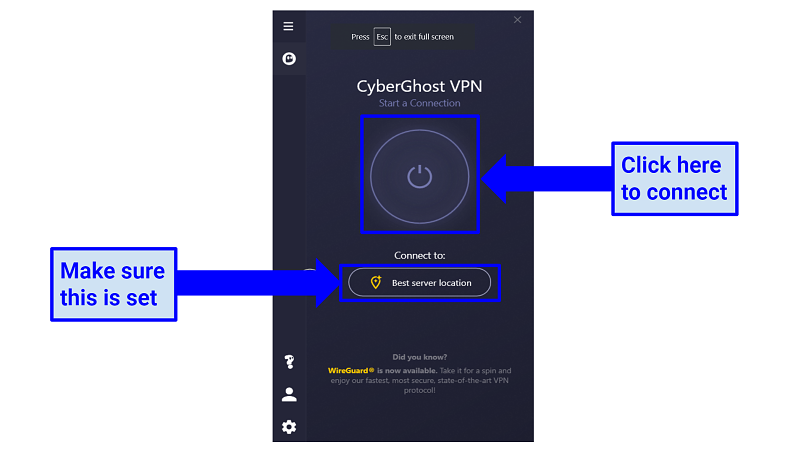 Graphic showing CyberGhost interface with best server location