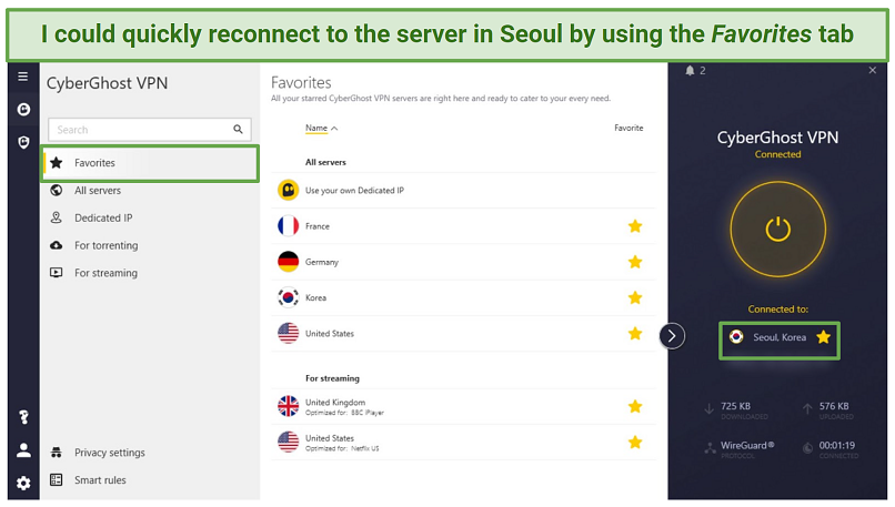 Screenshot of CyberGhost app on Windows highlighting the favorites tab