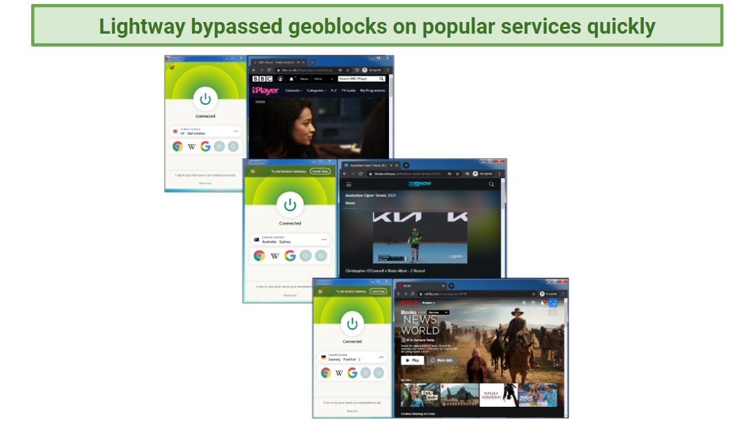 A screenshot of services unblocked by ExpressVPN while using Lightway.