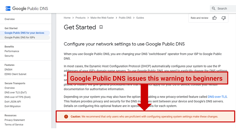 Graphic showing a warning on Google Public DNS