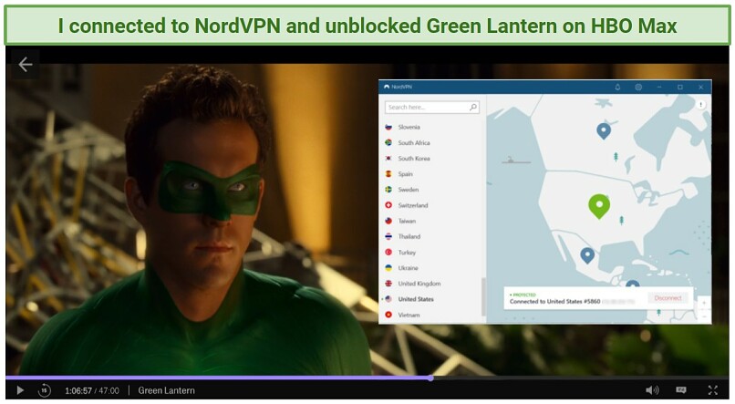 Graphic showing NordVPN unblocking HBO Max