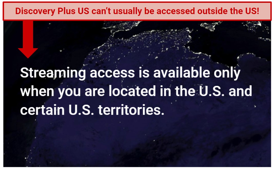 Screenshot of the error screen for Discovery Plus US, with text highlighting the need for a VPN