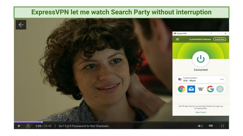 Screenshot of Search Party streaming on HBO Max while connected to ExpressVPN's Miami server