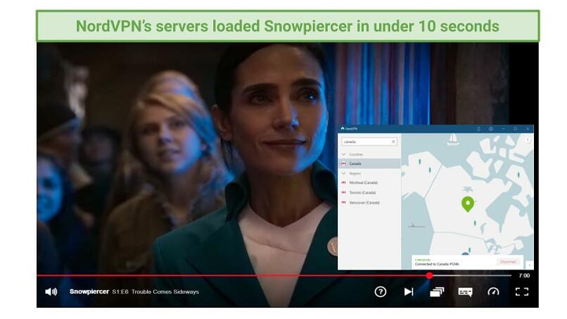 Graphic showing Snowpiercer streaming on a Canadian server using NordVPN