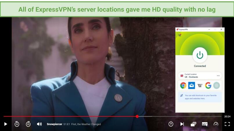 Graphic showing Snowpiercer streaming on Netflix using ExpressVPN