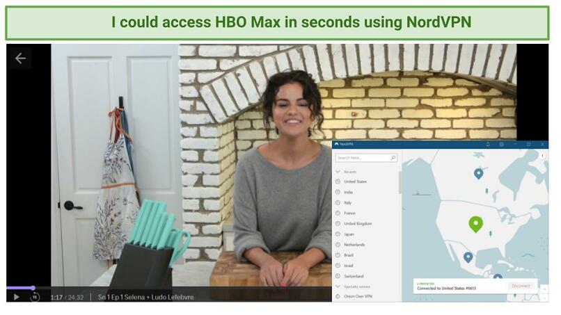 Graphic showing Selena + Chef streaming on HBO Max with NordVPN