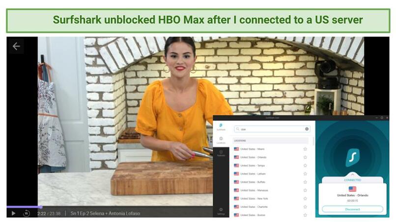 Graphic showing Selena + Chef streaming on HBO Max using Surfshark