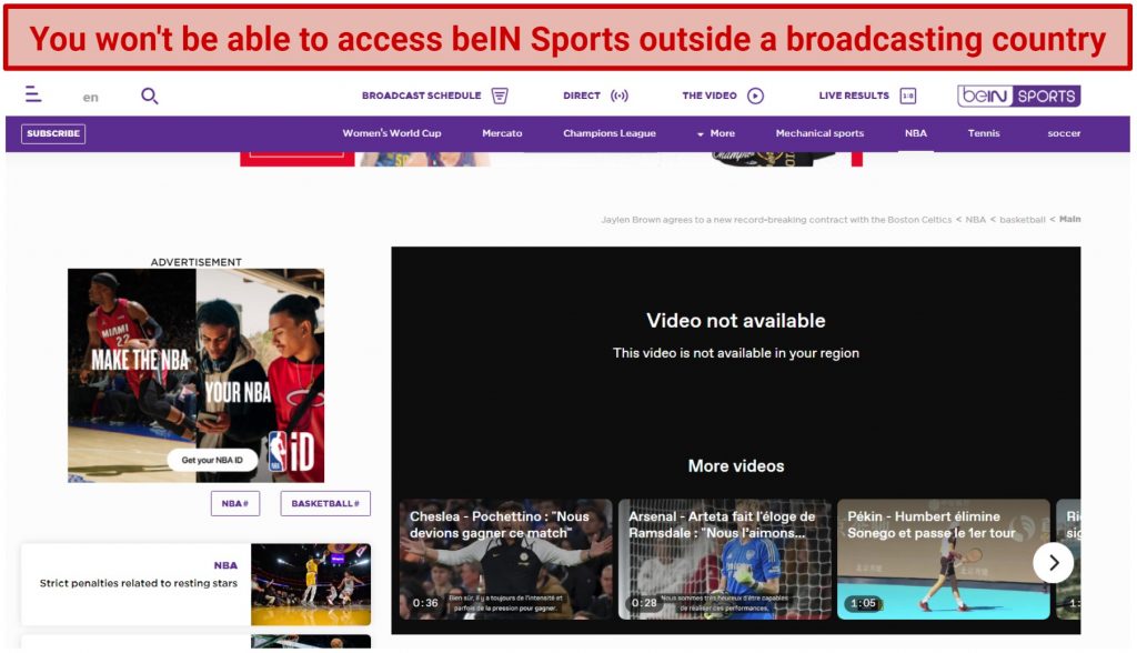 A screenshot of a geo-block error message trying to access beIN Sports outside a broadcasting country